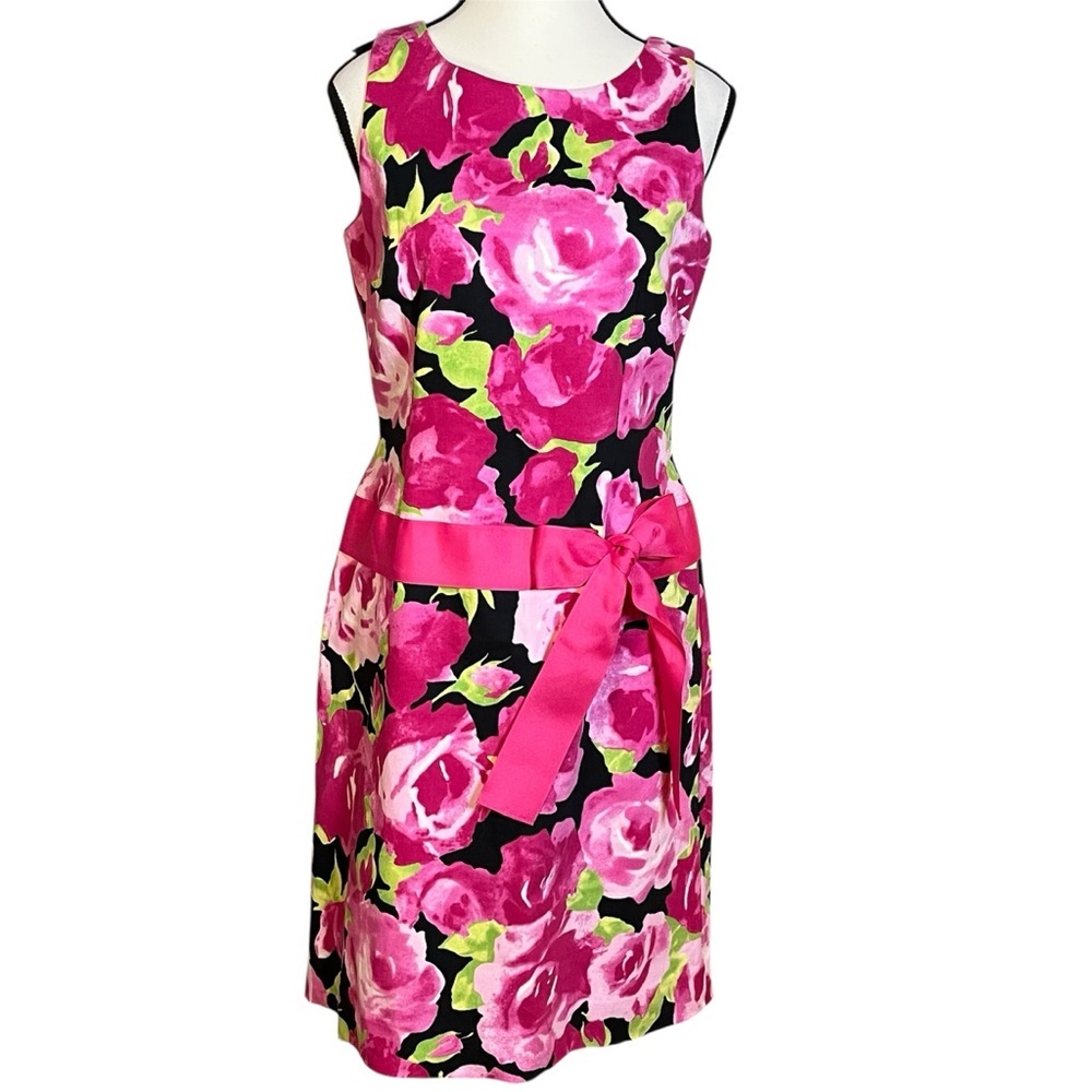 Talbots Pink Rose Watercolor Floral Sheath Bow Dress Easter Spring Summer Size 6